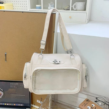 Qfdian Preppy Jk Girls Women's Handbags Japanese Pu Leather Transparent Backpacks Korean Vintage Y2k Aesthetic Trendy Shoulder Handbags